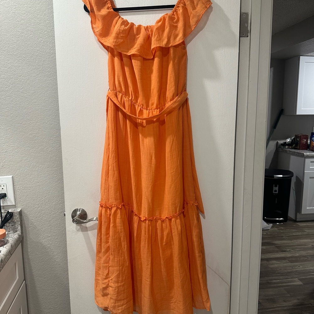 Orange Ruched Off-Shoulder Maxi Dress